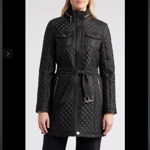 Michael Kors Ladies Quilted Trench Coat Black Large Gold Belted Hooded Jacket - Picture 1 of 16